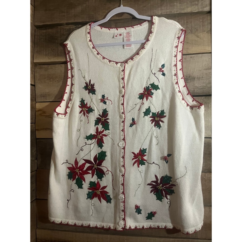 Holiday Time Womens 3X Christmas Sweater Vest White Poinsettia Embroidered Knit